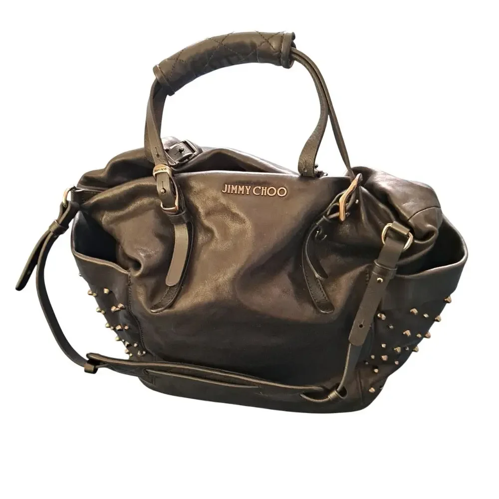 Jimmy Choo Blare Studded Shoulder Purse Satchel Tote Bag Black Glossy Leather